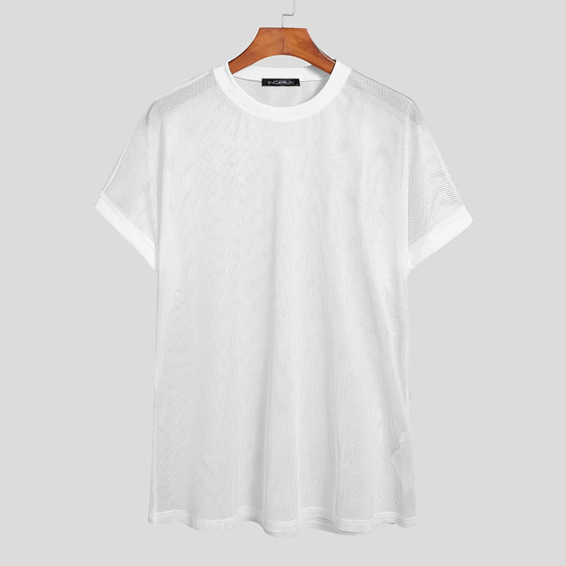 Men's Round Neck Short Sleeve Mesh Transparent T-Shirt