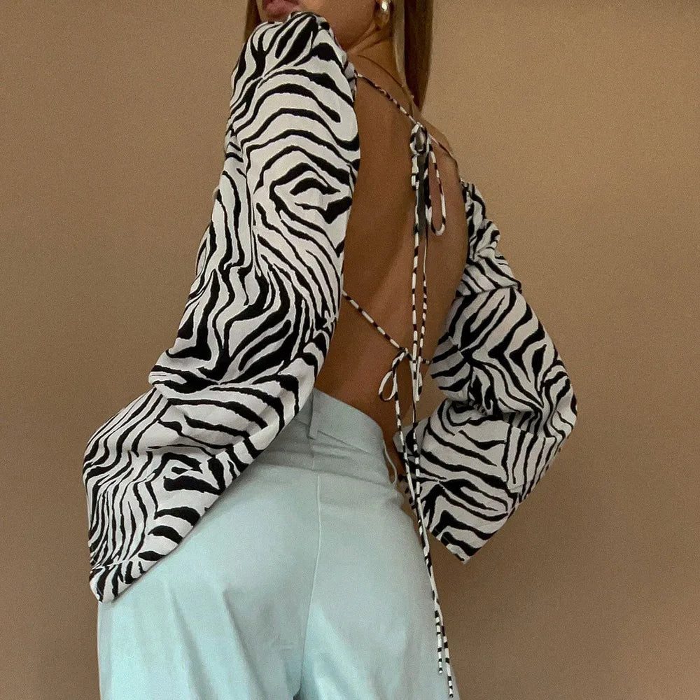 Women's Zebra Print Elegant Backless Lace Up Blouses - Long Sleeve Crop Top