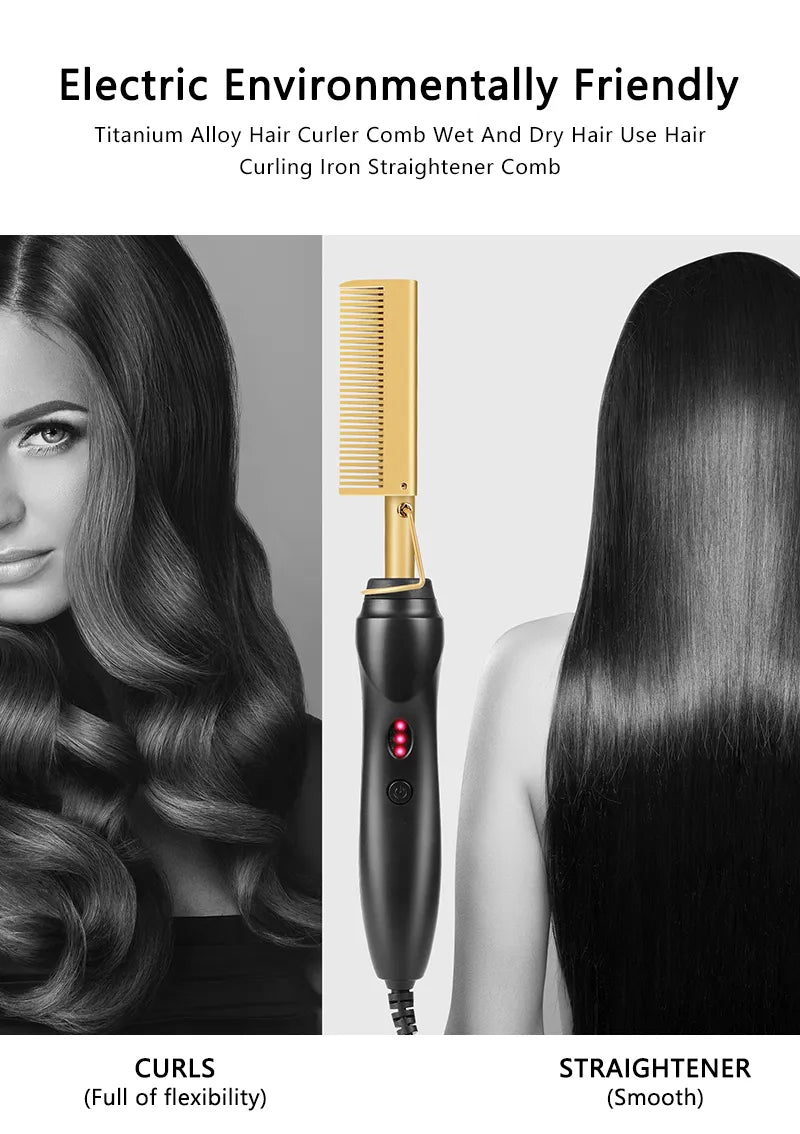 2 in 1  Electric Hot Heating Comb Hair Straightener Curler Wet Dry Hair Iron Straightening Brush Hair Styling Tool