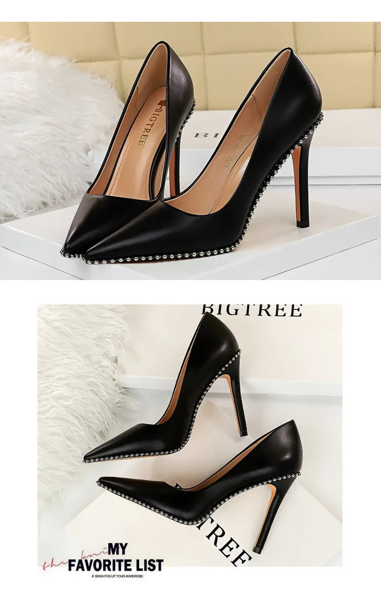 Women's Rivets String Bead PU Leather High Heels Shoes