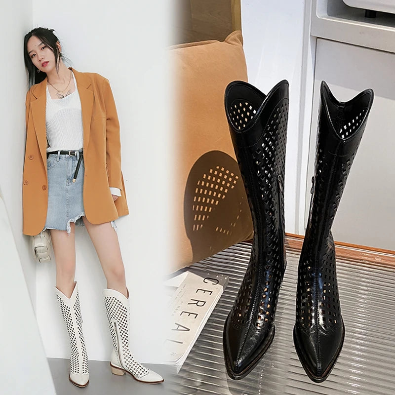 Women's Chic Hollow Pointed Toe Natural Genuine Leather Knee High Boots