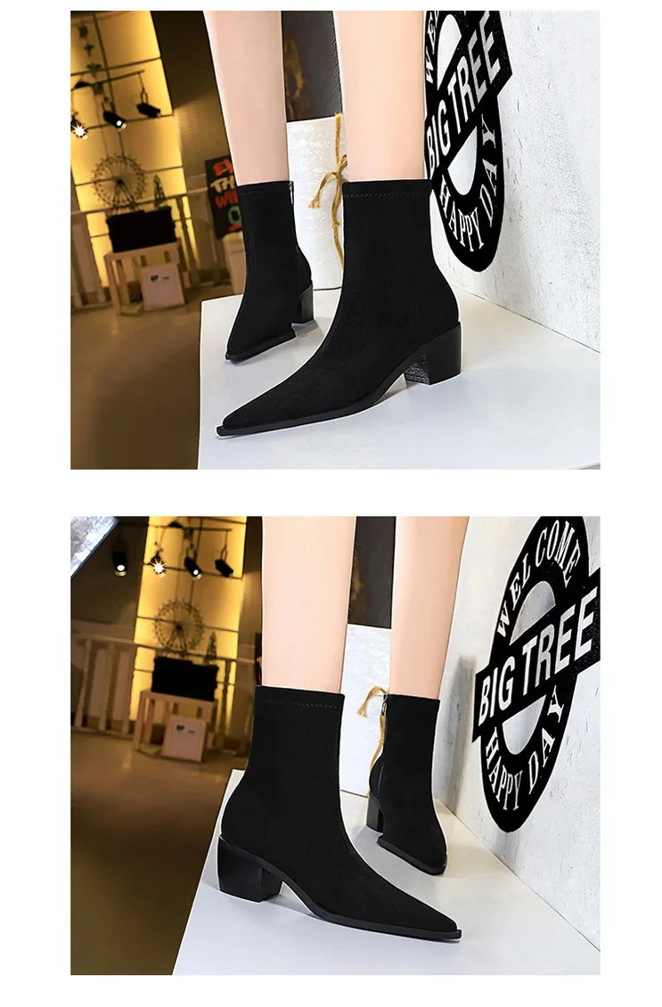 Suede Ankle Boots - Pointed Toe Thick Heel Autumn Boots for Women