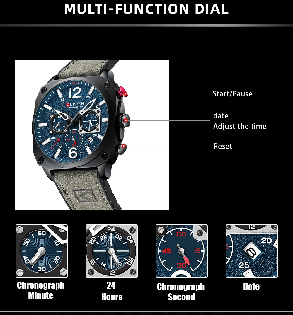 Men's Military Sports Watch - Leather Strap Chronograph Quartz