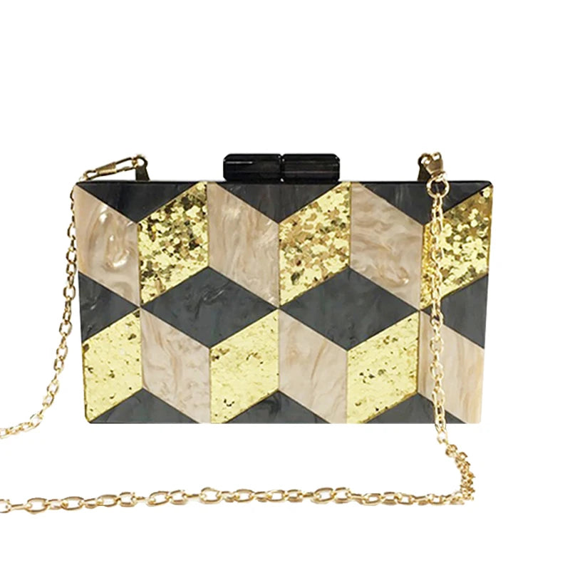 Stylish Black & Gold Glitter Rhombus Acrylic Evening Clutch - Luxury Party Chain Shoulder Bag