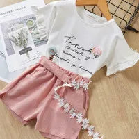 Children's Chiffon Flowers Blue T-shirt Pants Girls Clothing Sets Kids Summer Set for 3-7 Years