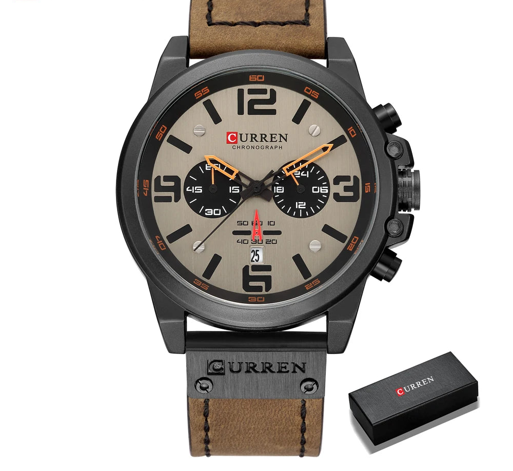 Men's Military Sports Watch - Chronograph Waterproof with Genuine Leather Strap