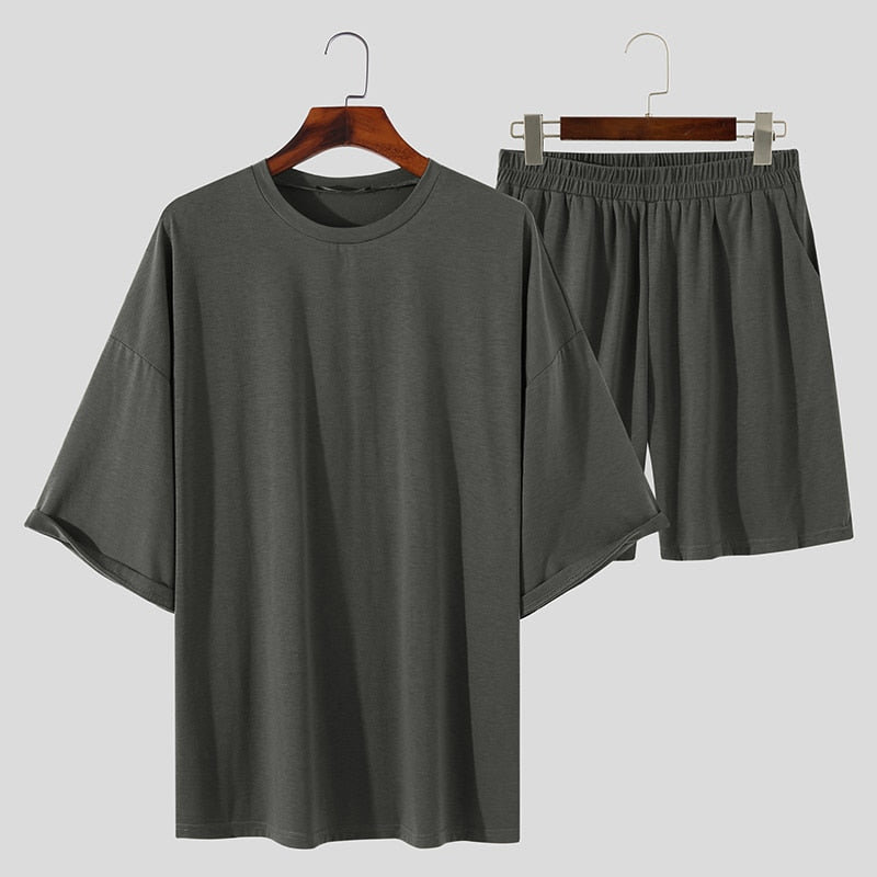 Men's Round Neck Half Sleeve T Shirt and Elastic Waist Shorts Set