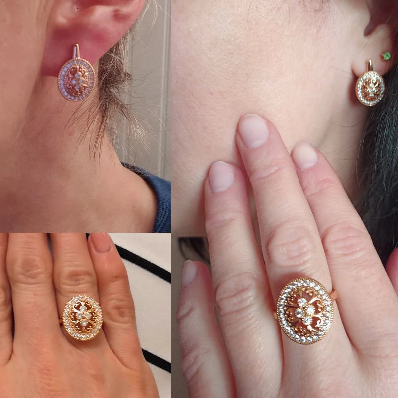 Women's Unusual Geometry Glossy 585 Rose Gold Color Natural Zircon Big Ring Earrings Necklace Set