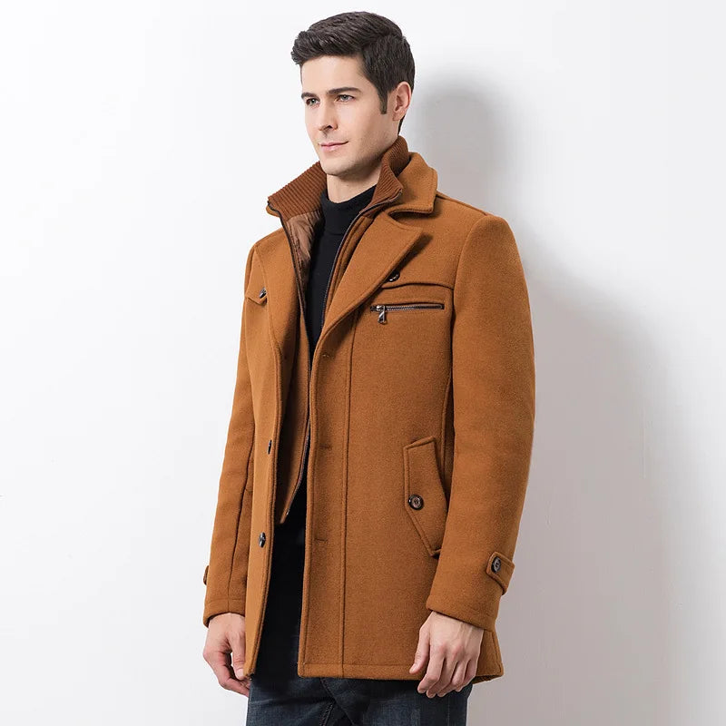 Men's Wool Medium Trench Thicken Windbreaker Overcoat Jacket