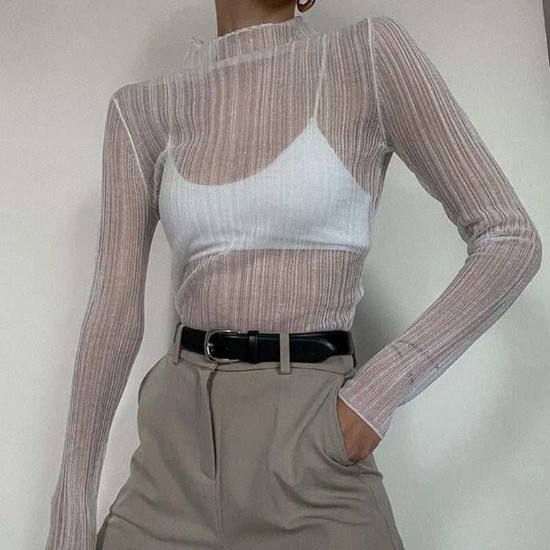 Women's Elegant See Through Long Sleeve Mock Neck Top