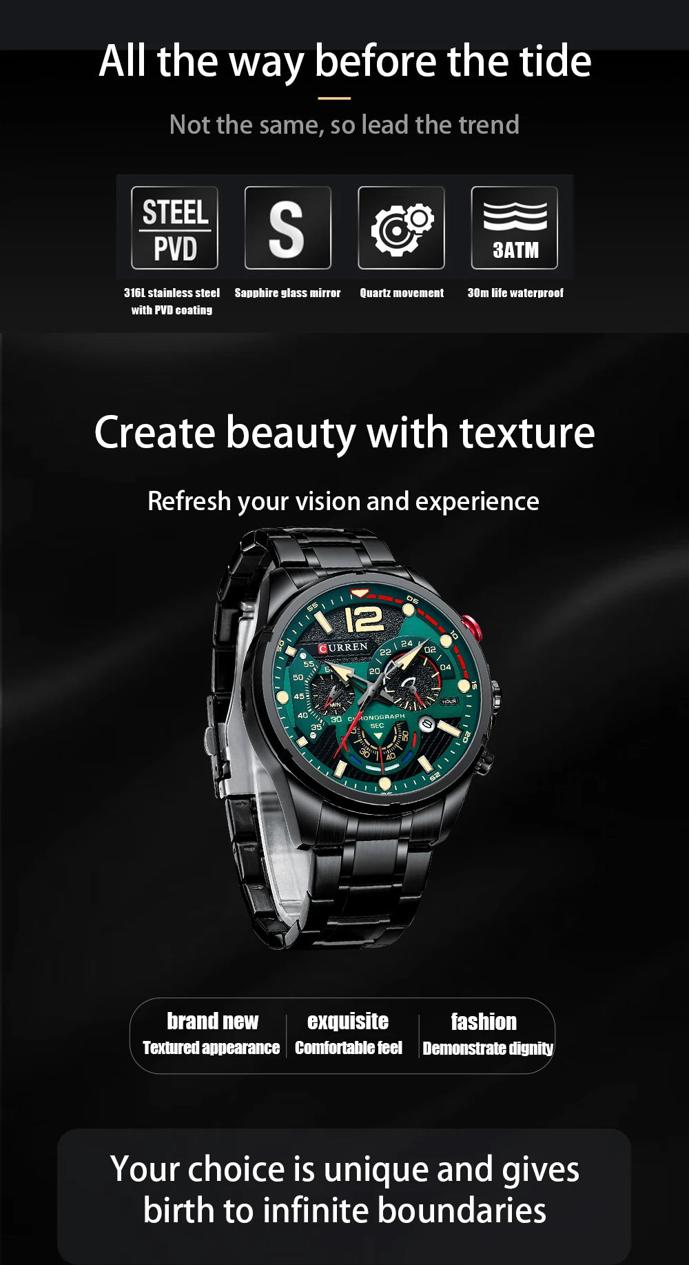 Premium Green Stainless Steel Quartz Watch - Waterproof Sport Chronograph