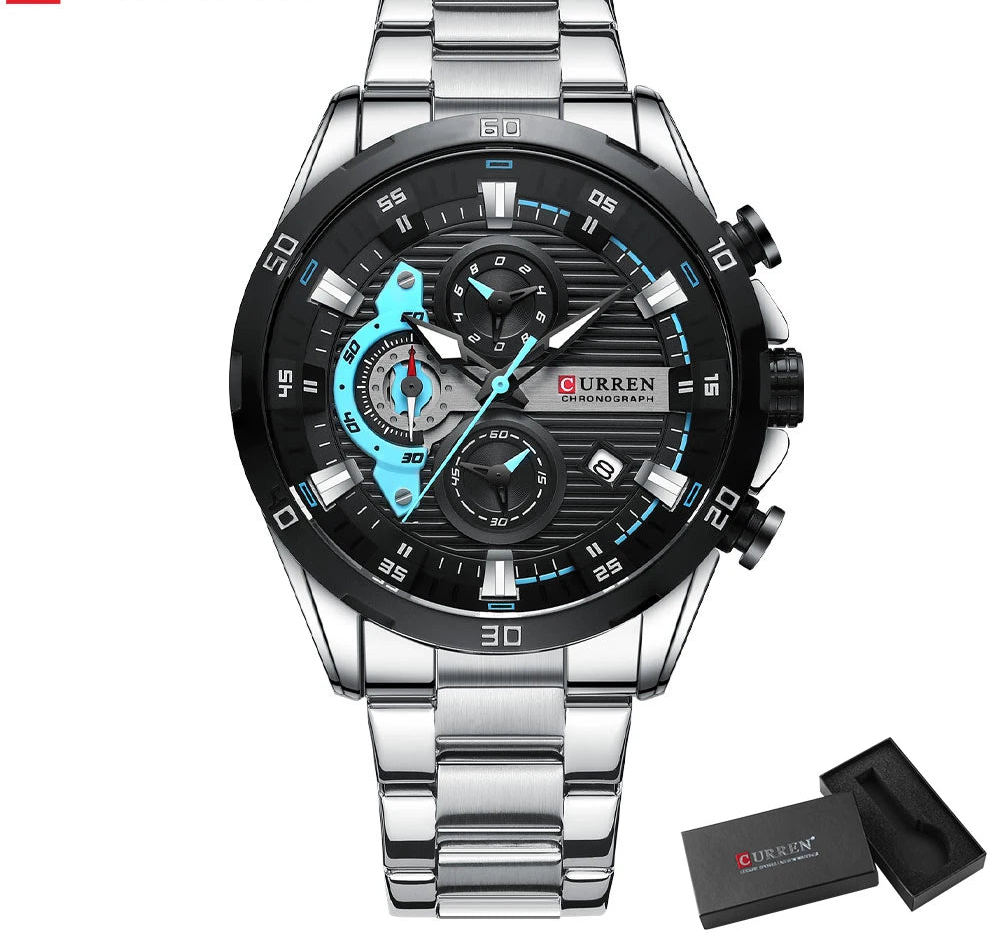 Men's Sports Watch - Full Steel Waterproof Chronograph Quartz