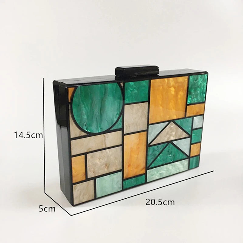 Luxury Acrylic Evening Bag - Chic Multicolour Patchwork Crossbody Clutch with Chain