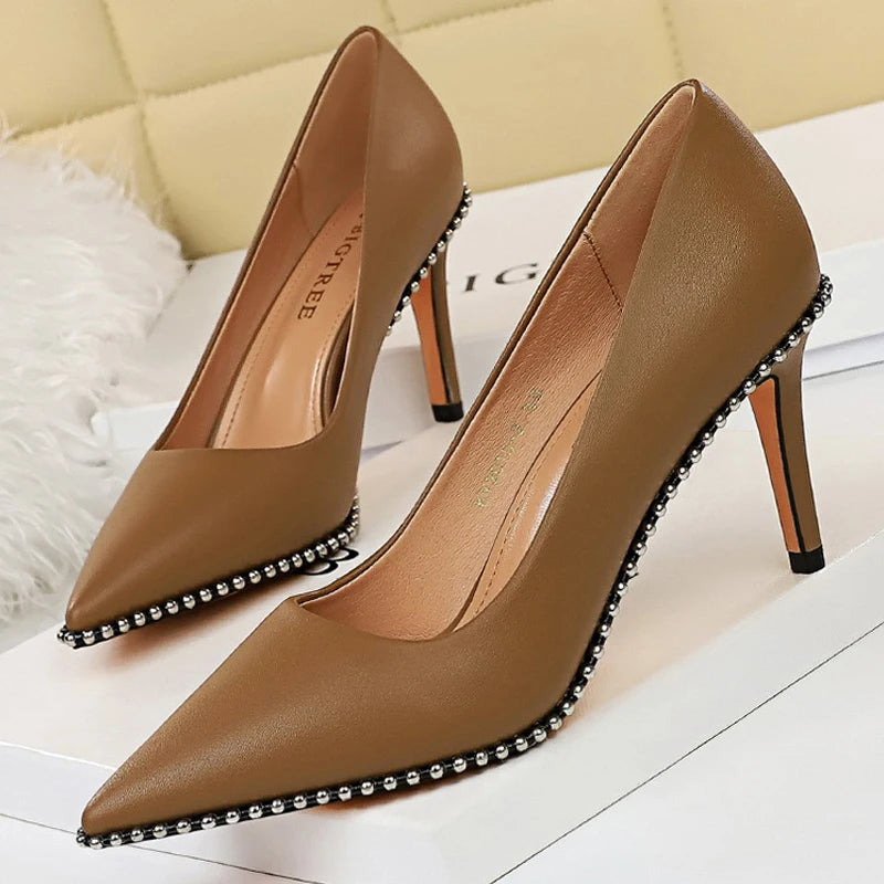 Women's Rivets String Bead PU Leather High Heels Shoes