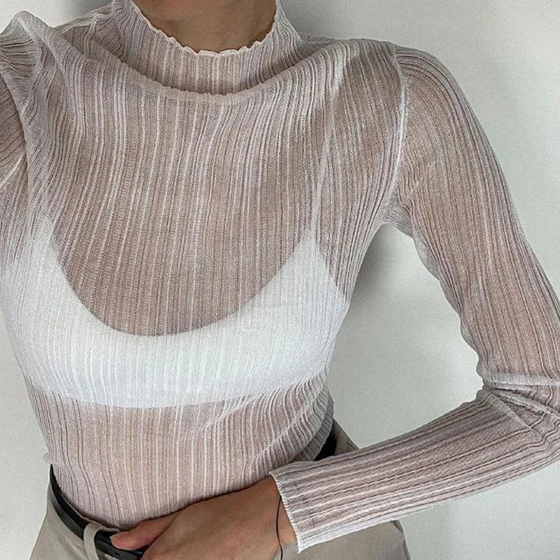 Women's Elegant See Through Long Sleeve Mock Neck Top