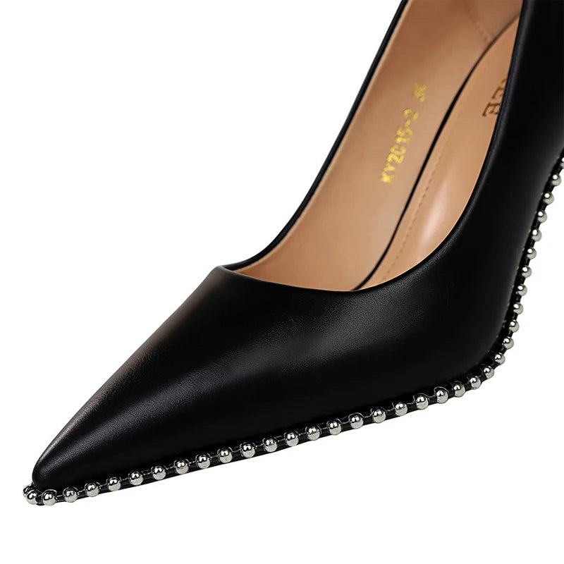 Women's Rivets String Bead PU Leather High Heels Shoes