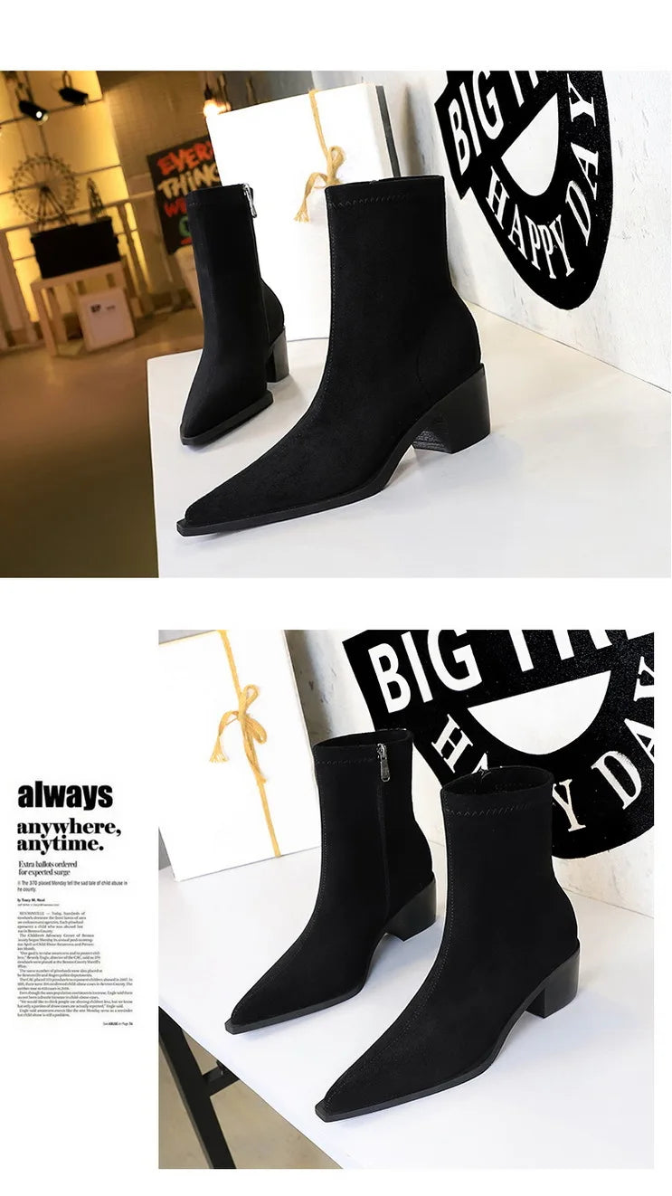 Suede Ankle Boots - Pointed Toe Thick Heel Autumn Boots for Women