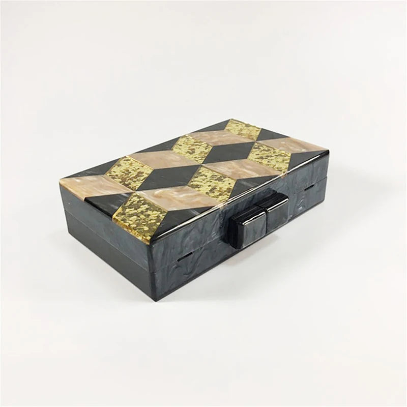 Stylish Black & Gold Glitter Rhombus Acrylic Evening Clutch - Luxury Party Chain Shoulder Bag