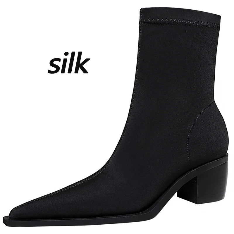 Suede Ankle Boots - Pointed Toe Thick Heel Autumn Boots for Women