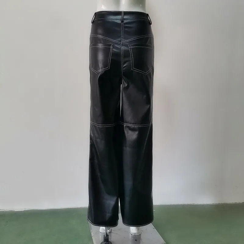 Women Black PU Leather Wide Leg Trousers