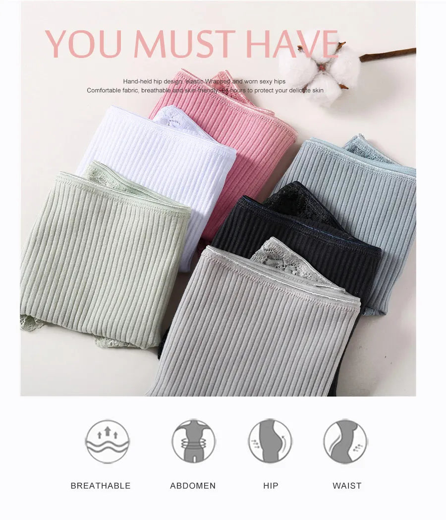 Women's Cotton Underwear 3-Piece Set - Low-Rise Lace Trim Briefs