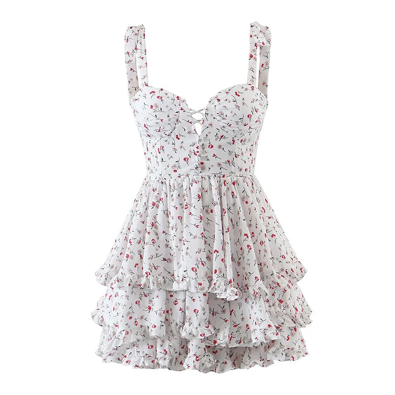 Floral Print Sling Chiffon Dress - Sweet Ruffle Holiday Party Short Dress