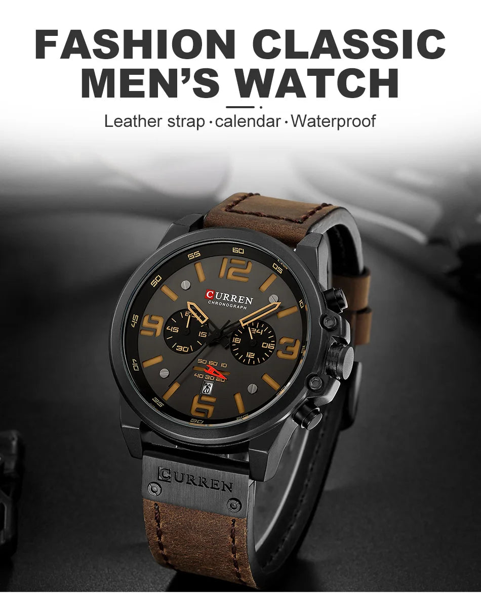 Men's Military Sports Watch - Chronograph Waterproof with Genuine Leather Strap