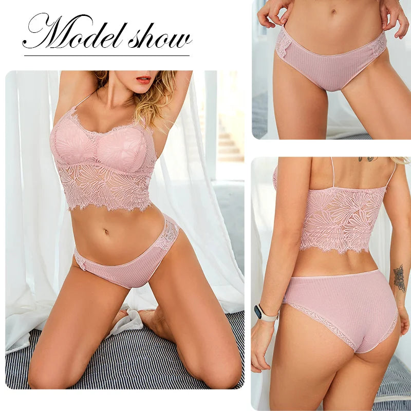 Women's Cotton Underwear 3-Piece Set - Low-Rise Lace Trim Briefs