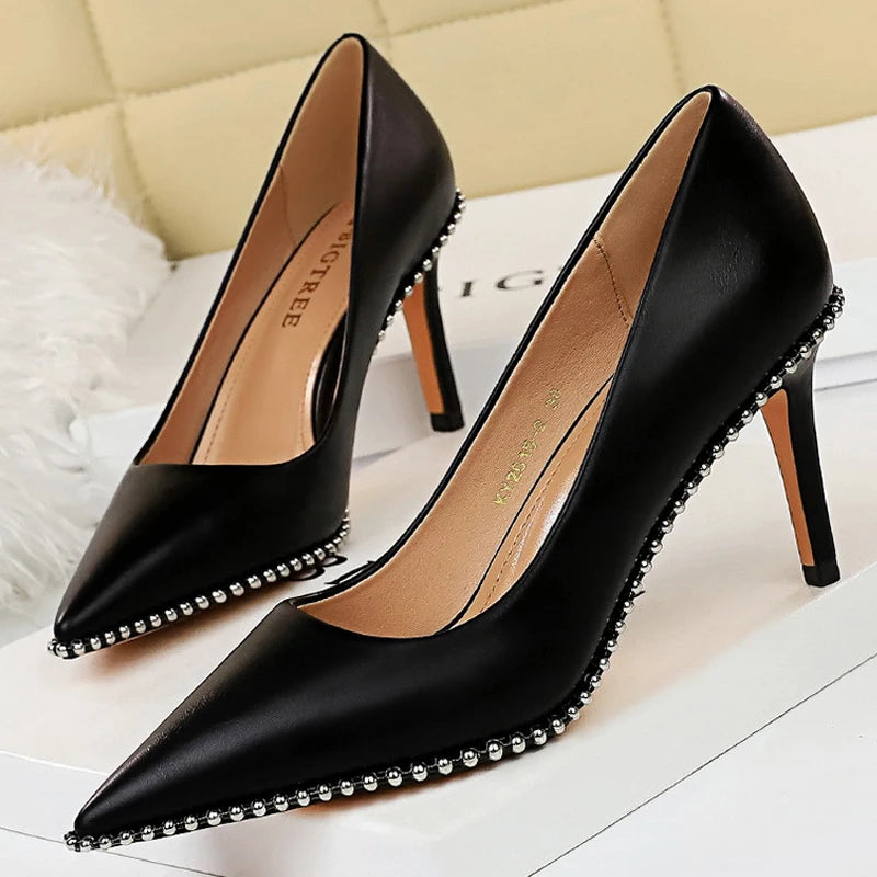 Women's Rivets String Bead PU Leather High Heels Shoes