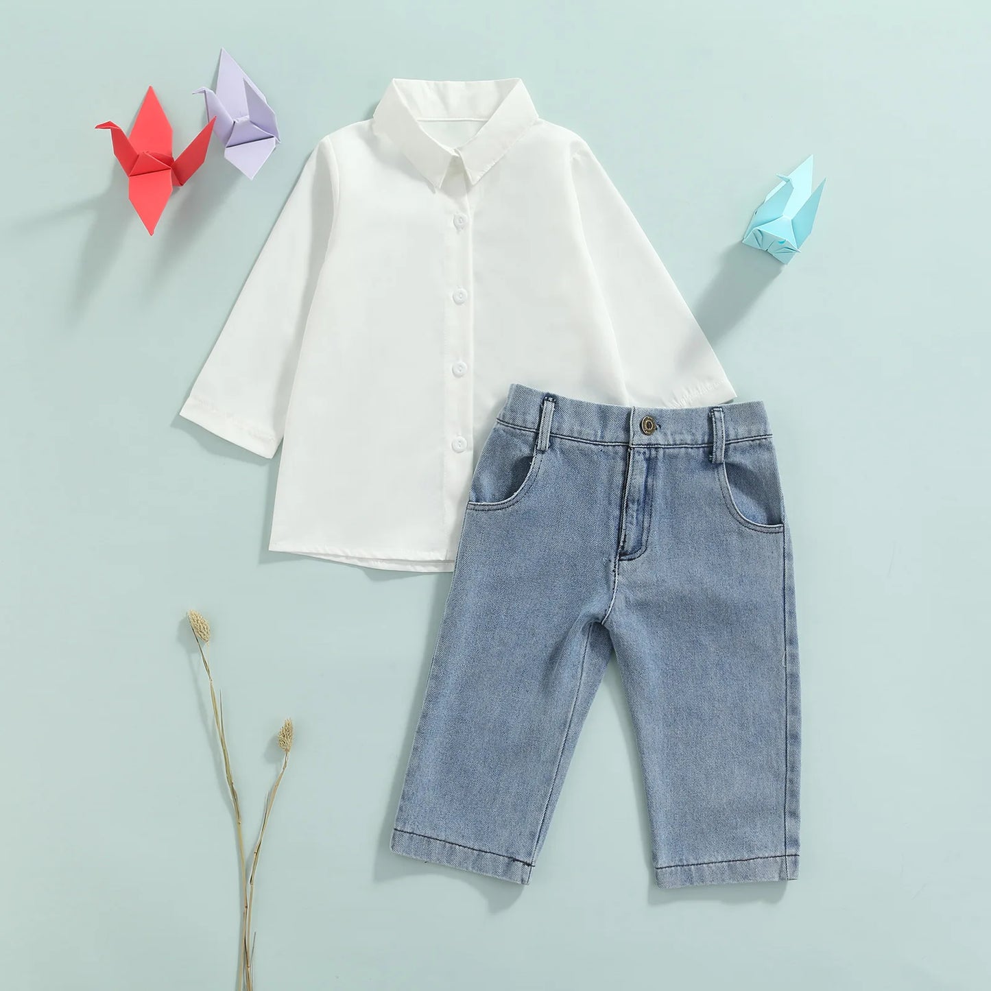 1-6Y Autumn Fashion Kids Girls 2pcs Clothes Sets Solid Long Sleeve Single Breasted Shirts Tops Denim Trousers