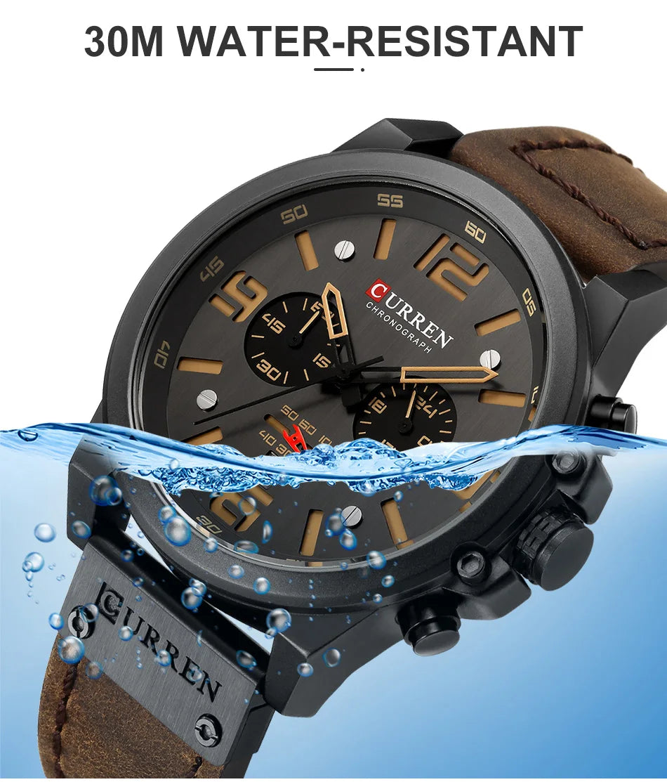 Men's Military Sports Watch - Chronograph Waterproof with Genuine Leather Strap