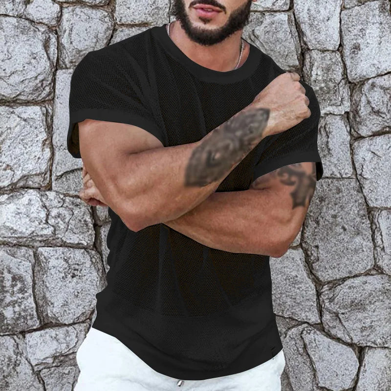 Men's Round Neck Short Sleeve Mesh Transparent T-Shirt