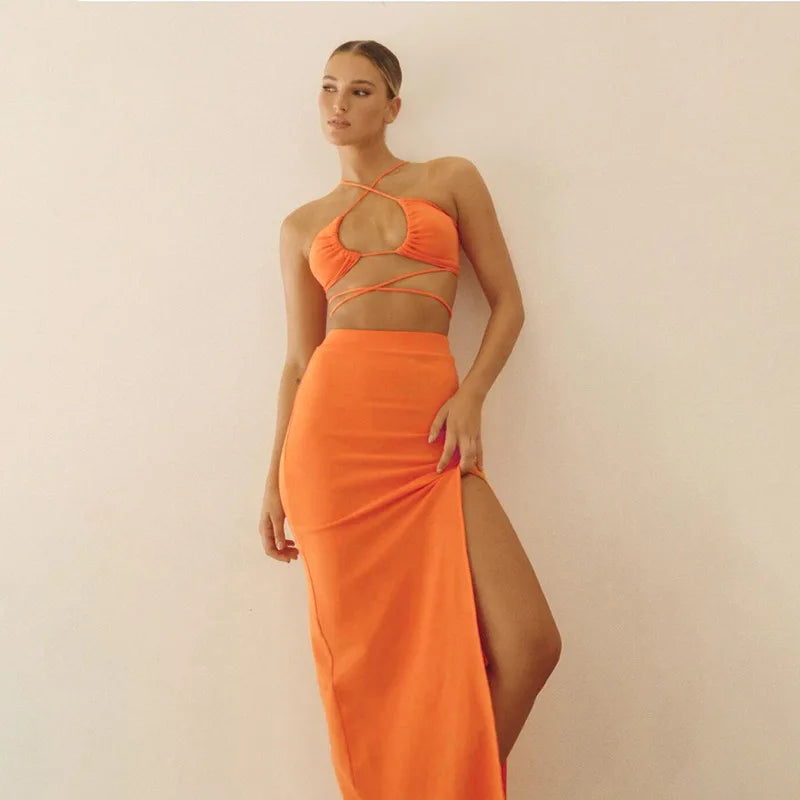 Women's Bandage Cut Out Halter Neck Top and Skirt Set Gathered Split Two Piece Set