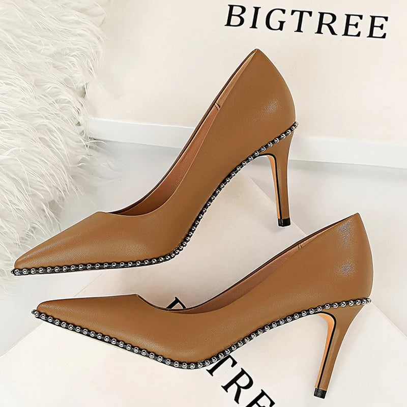 Women's Rivets String Bead PU Leather High Heels Shoes