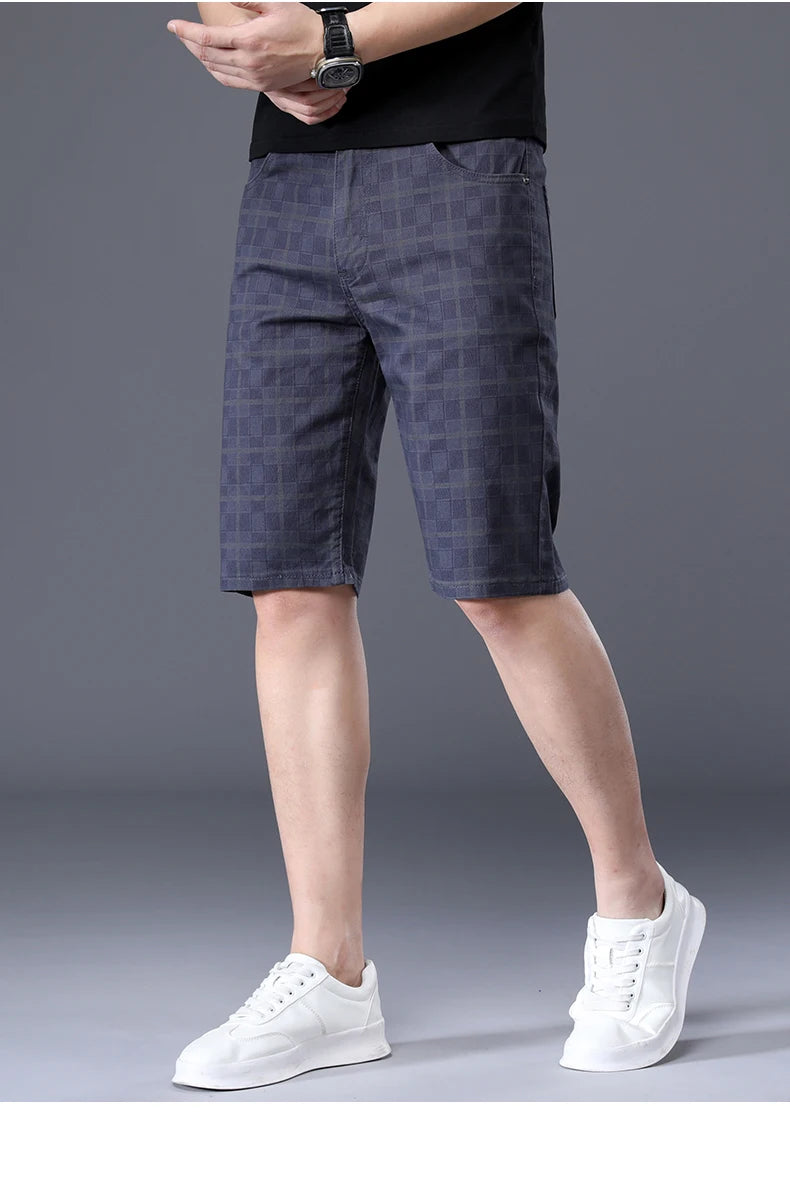 Men's Thin Plaid Shorts Men Knee Length Pants Straight Beach Short 98%Cotton Blue Plaid Patchwork Pant Male