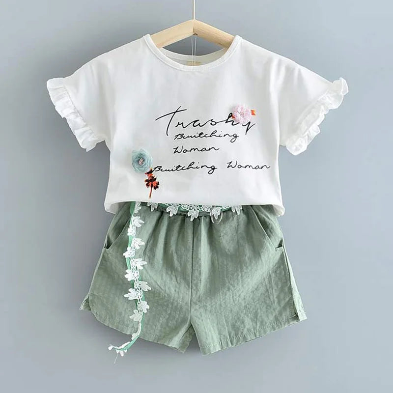 Children's Chiffon Flowers Blue T-shirt Pants Girls Clothing Sets Kids Summer Set for 3-7 Years