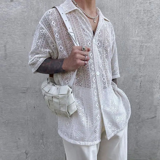 Men Mesh See Through Lapel Short Sleeve Lace Button Shirt