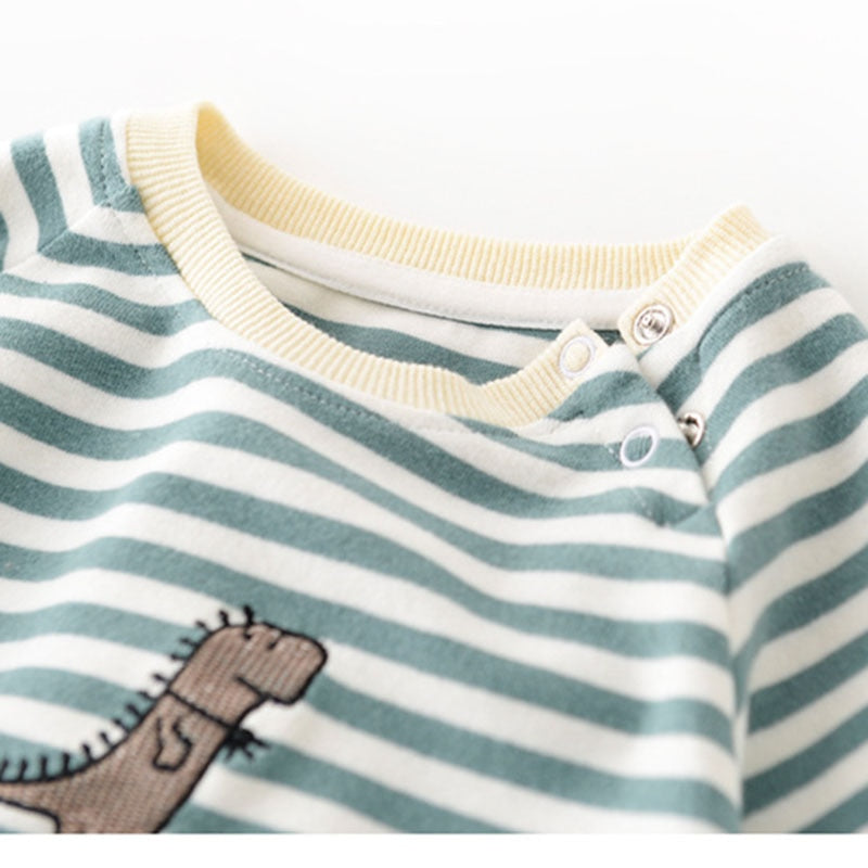 Baby's Striped Cotton Rompers Dinosaur Embroidery Babygrow