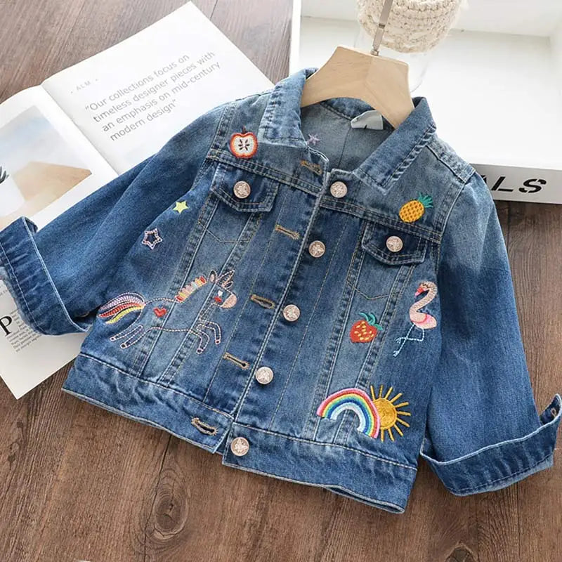 Girls Kids Cartoon Coat Embroidery Denim Jacket for 3-8Y