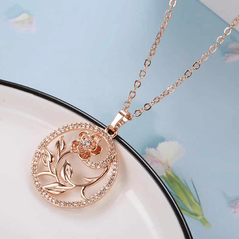 Women  585 Rose Gold Hollow Flowers Necklace