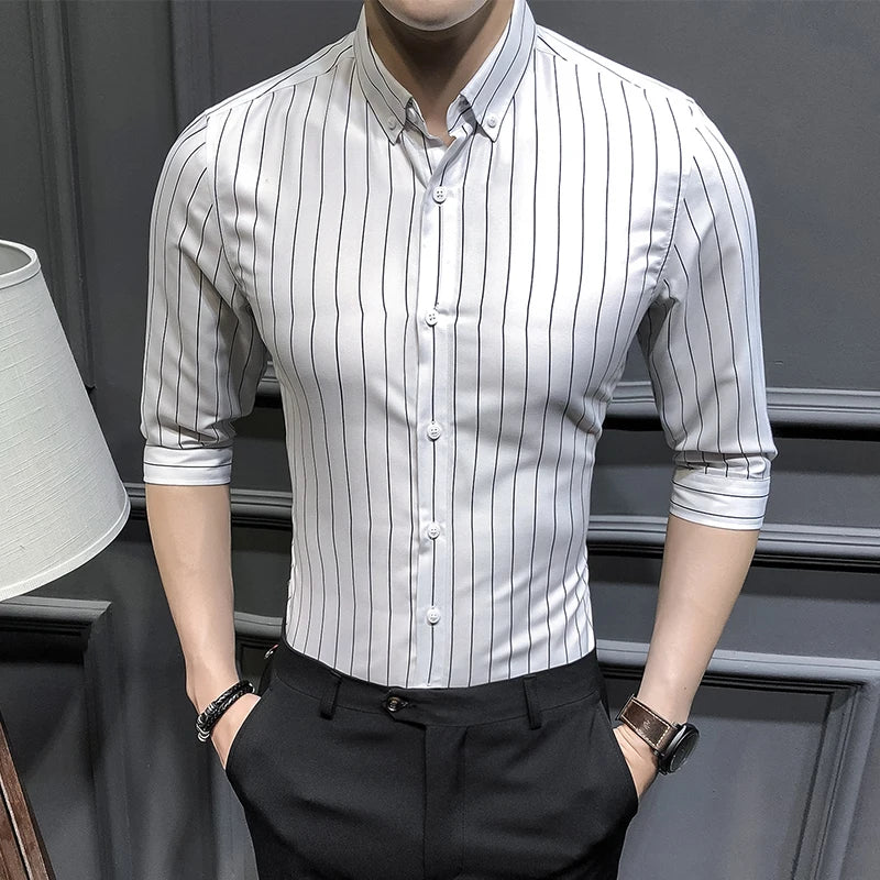 Men's Spring Summer Three Quarter Casual Striped Slim Fit Square Collar Shirt