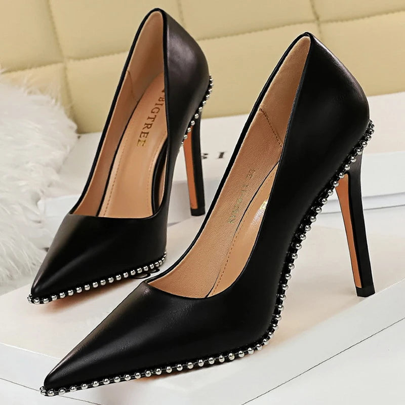 Women's Rivets String Bead PU Leather High Heels Shoes