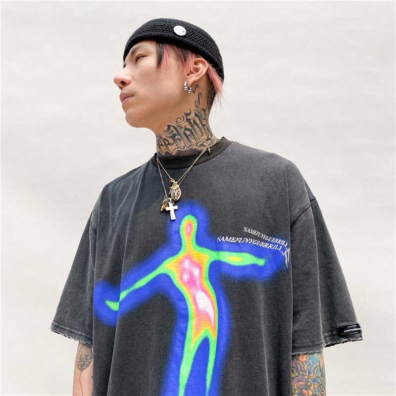 Men's Oversized Distorted Portrait Printing Short-Sleeved T-shirt