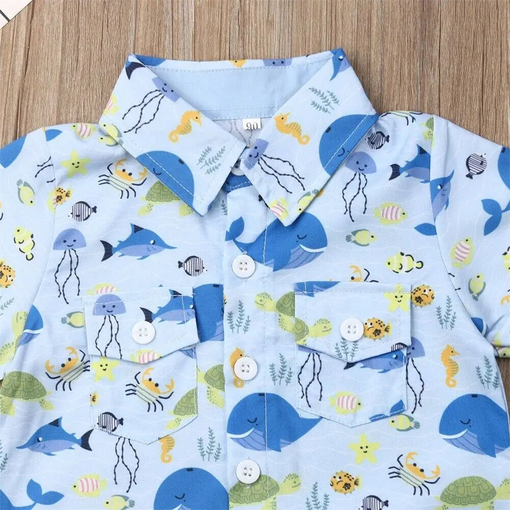 Summer Infant Boys Baby Kids Clothes Sets 1-6Y Whale Print Tops Shorts Pants Outfit Set