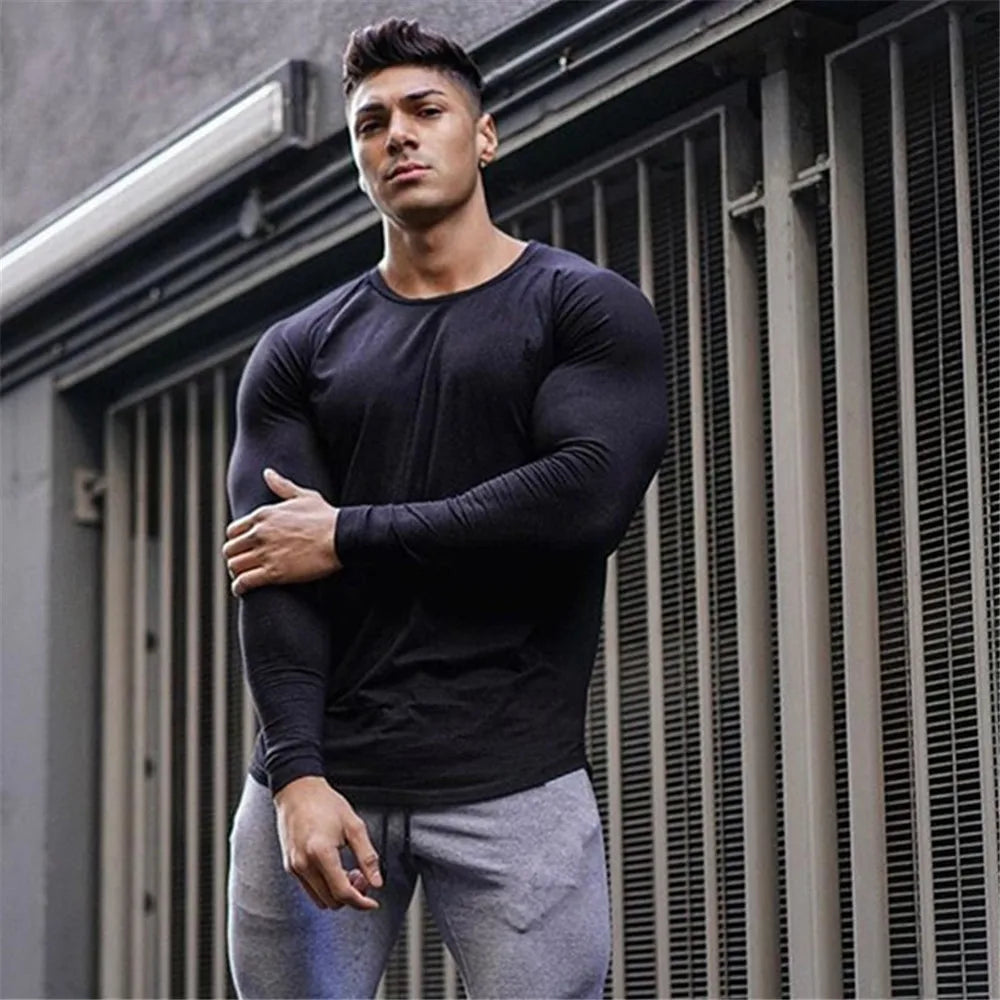 Long Sleeve Sport  Gym Shirt - Men Rushgard Running Cotton Stripe Fitness T Shirt