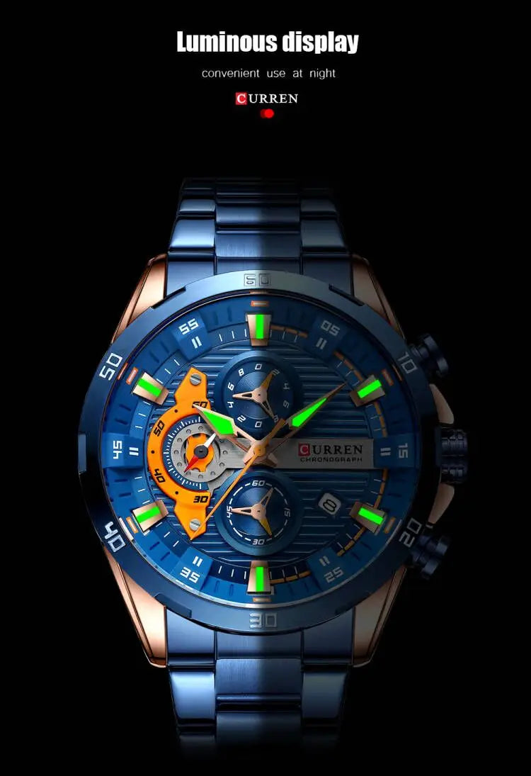 Men's Sports Watch - Full Steel Waterproof Chronograph Quartz