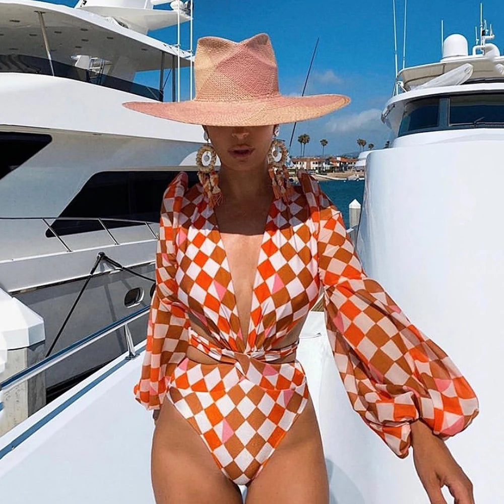 Women's Summer Vintage One Piece Swimsuit Long Sleeve Swimwear