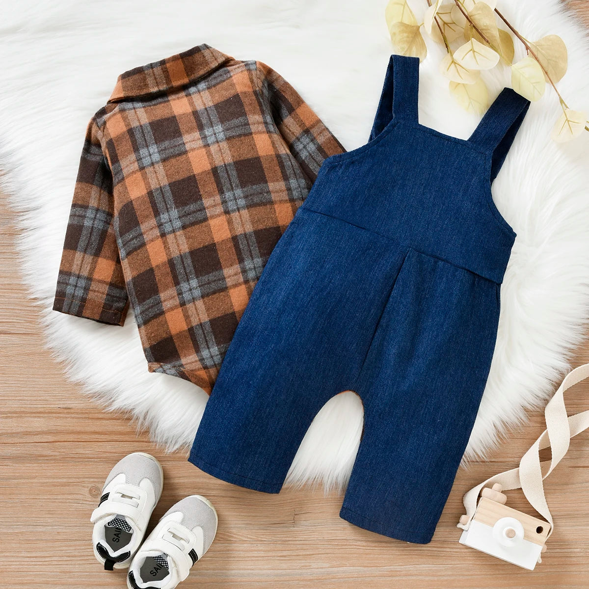 Baby Boys Gentleman Clothes Set 2pcs - Plaid Printed Shirts Romper Babygrow Cartoon Bear Overalls Pants