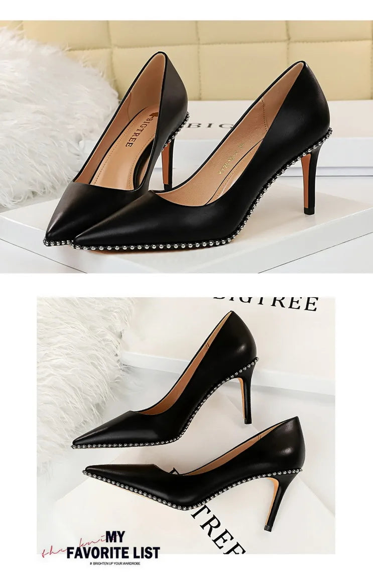 Women's Rivets String Bead PU Leather High Heels Shoes