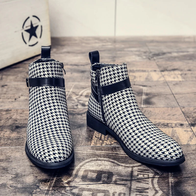 Men's Houndstooth Ankle Boots - Leather Buckle Dress Shoes